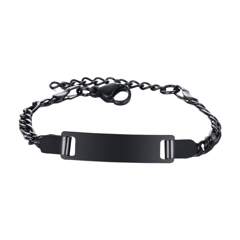 Bracelet gourmette noir en acier inoxydable, maille figaro avec plaque personnalisable, modèle Nyon.