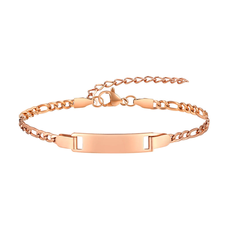 Bracelet gourmette en acier inoxydable or rosé, maille figaro, avec plaque personnalisable et fermoir mousqueton.