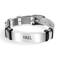 Bracelet gourmette homme en acier inoxydable argent avec maille milanaise et plaque gravée Yael.