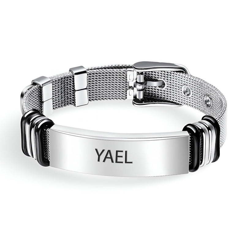 Bracelet gourmette homme en acier inoxydable argent avec maille milanaise et plaque gravée Yael.