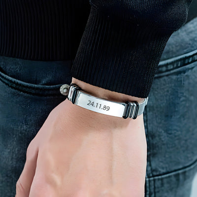 Bracelet gourmette homme acier inoxydable maille milanaise avec plaque personnalisée gravée d'une date.