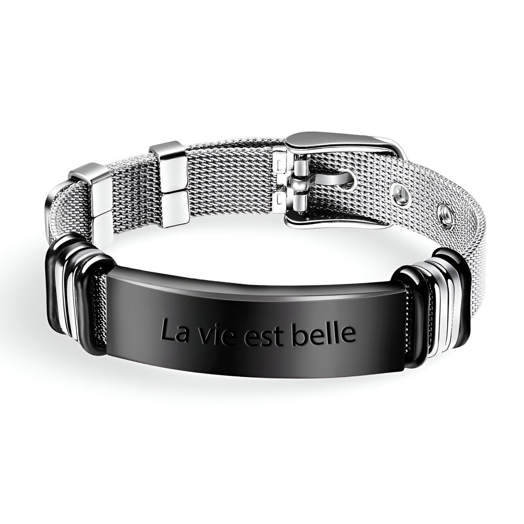 Bracelet gourmette homme en acier inoxydable avec plaque personnalisée noire et maille milanaise argentée.