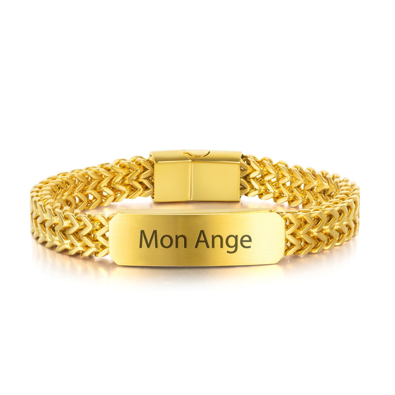 Bracelet gourmette en acier inoxydable or avec maille spiga et plaque gravée « Mon Ange ».