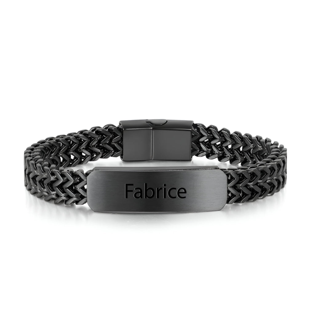 Bracelet gourmette personnalisé noir en acier inoxydable avec maille spiga et plaque gravée Fabrice.