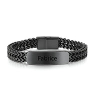 Bracelet gourmette personnalisé noir en acier inoxydable avec maille spiga et plaque gravée Fabrice.
