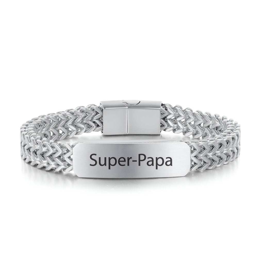 Bracelet gourmette en acier inoxydable argenté avec maille spiga et plaque gravée Super-Papa.