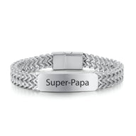 Bracelet gourmette en acier inoxydable argenté avec maille spiga et plaque gravée Super-Papa.