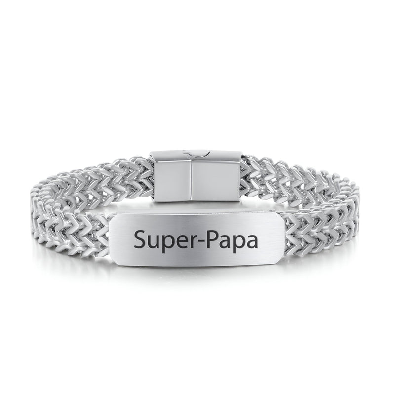 Bracelet gourmette en acier inoxydable argenté avec maille spiga et plaque gravée Super-Papa.