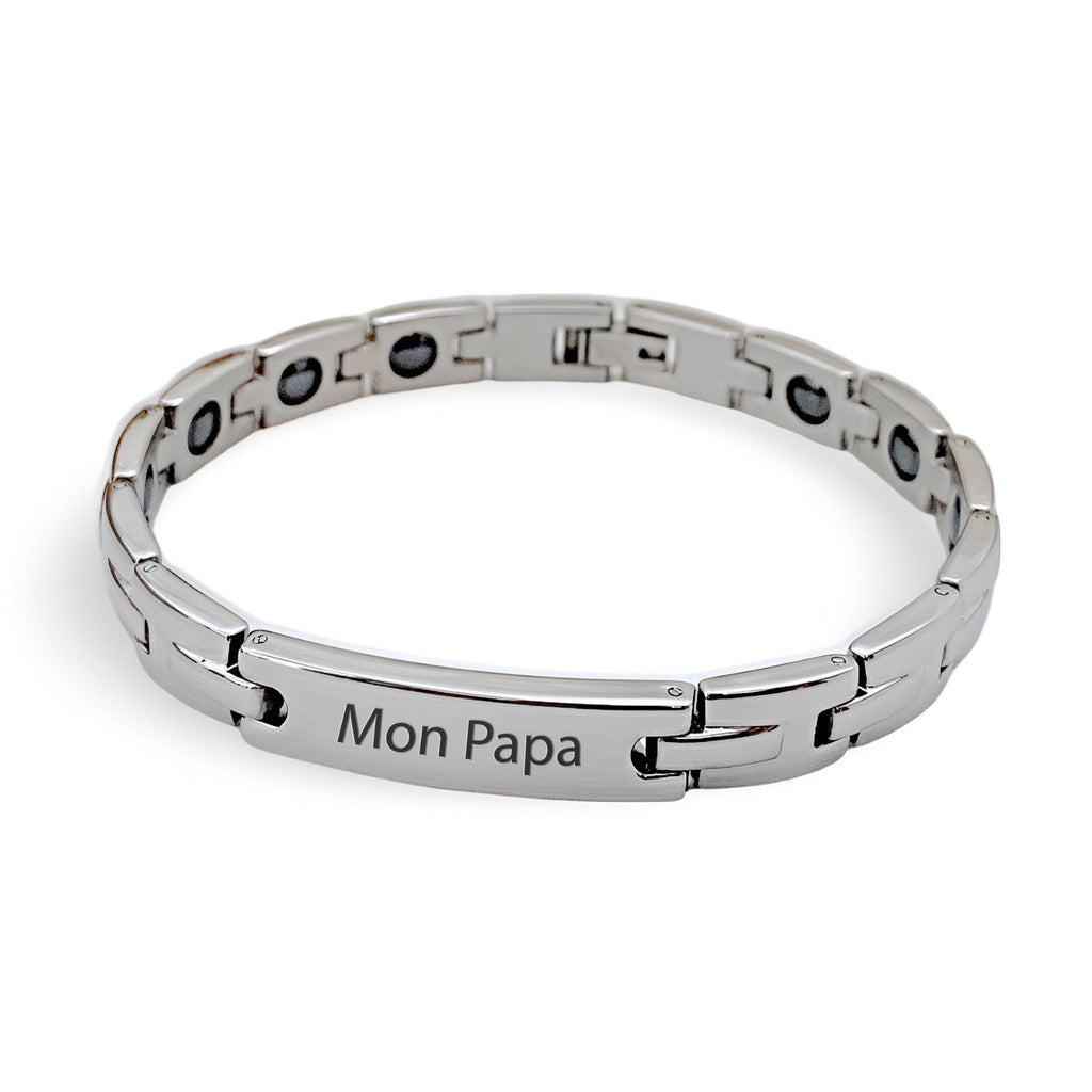 Bracelet gourmette en acier inoxydable argenté avec plaque personnalisée gravée "Mon Papa".