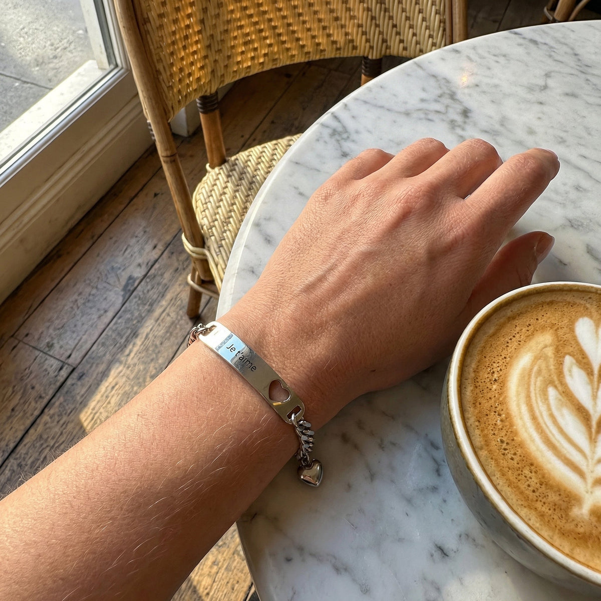 Gepersonaliseerde gourmet armband, van roestvrij staal, hartmotief, voor dames, model Marthe