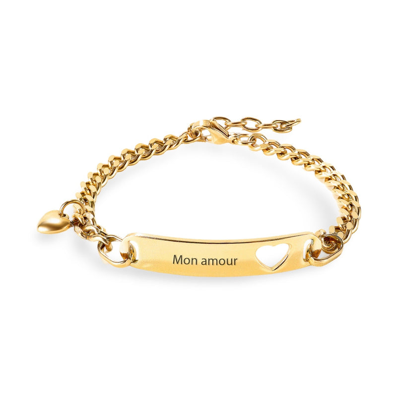 Bracelet gourmette en acier inoxydable doré avec plaque gravée "Mon amour" et pendentif cœur ajouré.