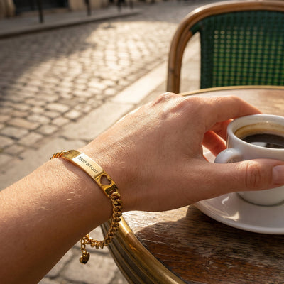 Gepersonaliseerde gourmet armband, van roestvrij staal, hartmotief, voor dames, model Marthe