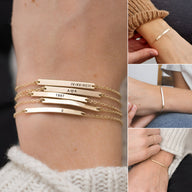 Bracelets gourmettes fins en acier inoxydable or, argent et or rosé, personnalisés avec gravures délicates sur poignet.