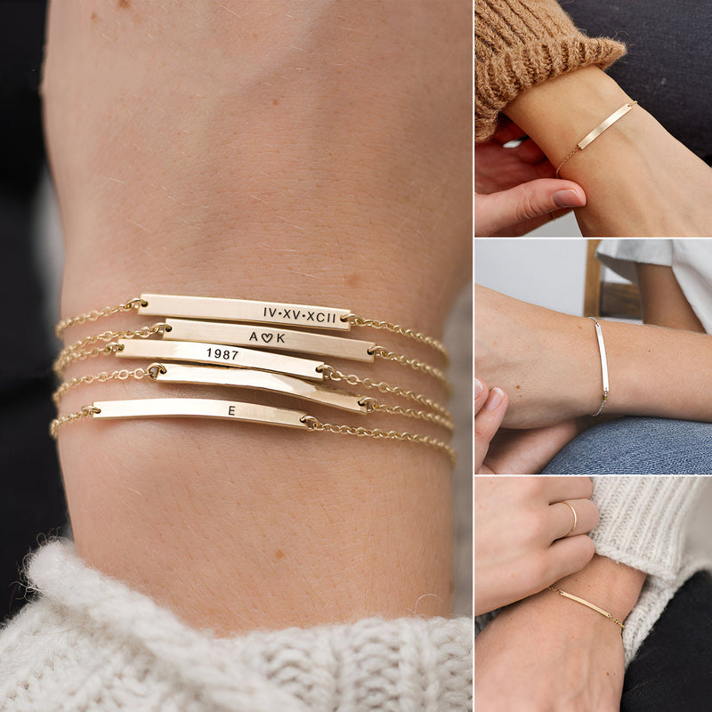 Bracelets gourmettes fins en acier inoxydable or, argent et or rosé, personnalisés avec gravures délicates sur poignet.