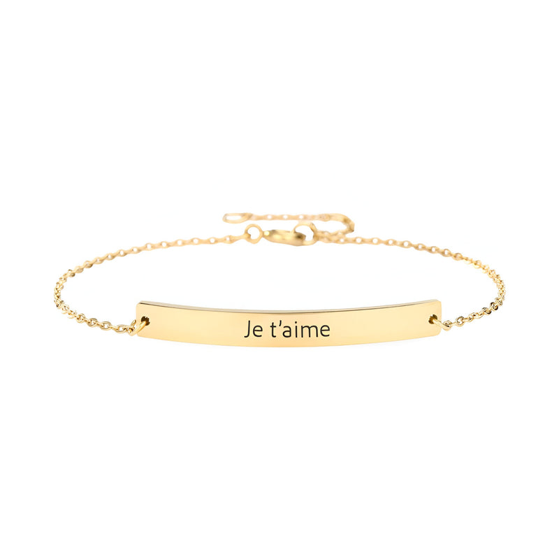 Bracelet gourmette en acier inoxydable doré, plaque gravée "Je t'aime", chaîne fine avec fermoir mousqueton.