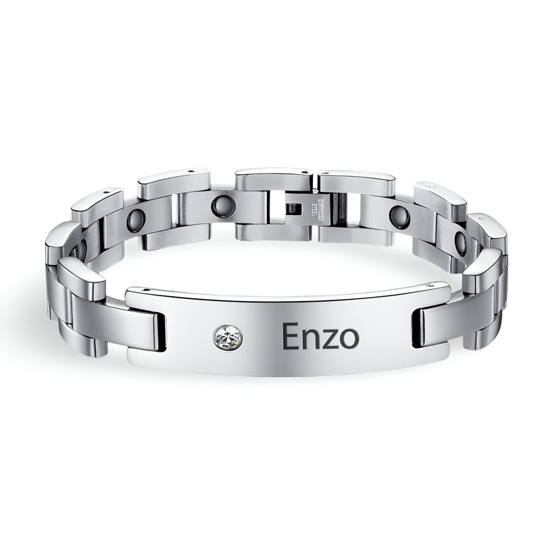 Bracelet magnétique en acier inoxydable argenté, platine et maillons larges, pierre zirconium et gravure Enzo.