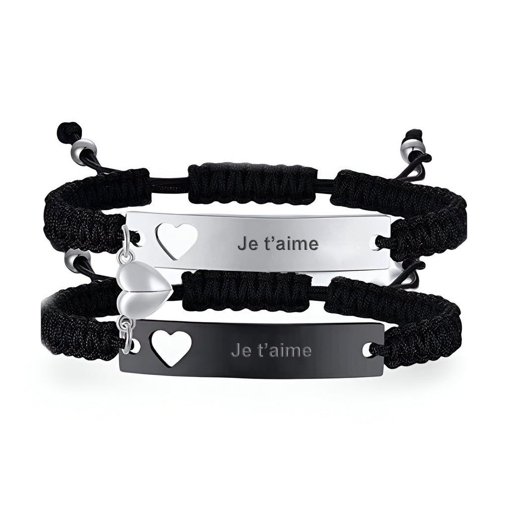 Bracelets gourmettes en acier inoxydable noir et argent, cordon tressé, gravés "Je t'aime" avec cœur découpé, pour couple.