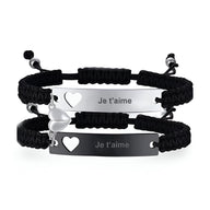 Bracelets gourmettes en acier inoxydable noir et argent, cordon tressé, gravés "Je t'aime" avec cœur découpé, pour couple.