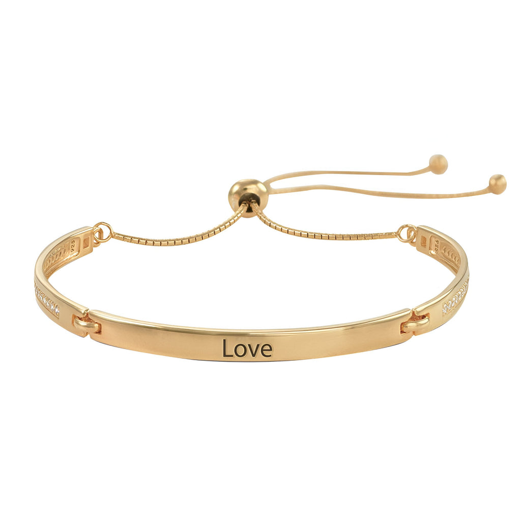 Bracelet gourmette en or rose avec gravure "Love" et fermeture coulissante réglable.