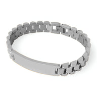 Bracelet gourmette en titane plaqué argent avec maillons larges et plaque lisse personnalisable.
