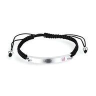 Bracelet cordon noir avec plaque argent personnalisée gravée Léonie et pierre zirconium rose.