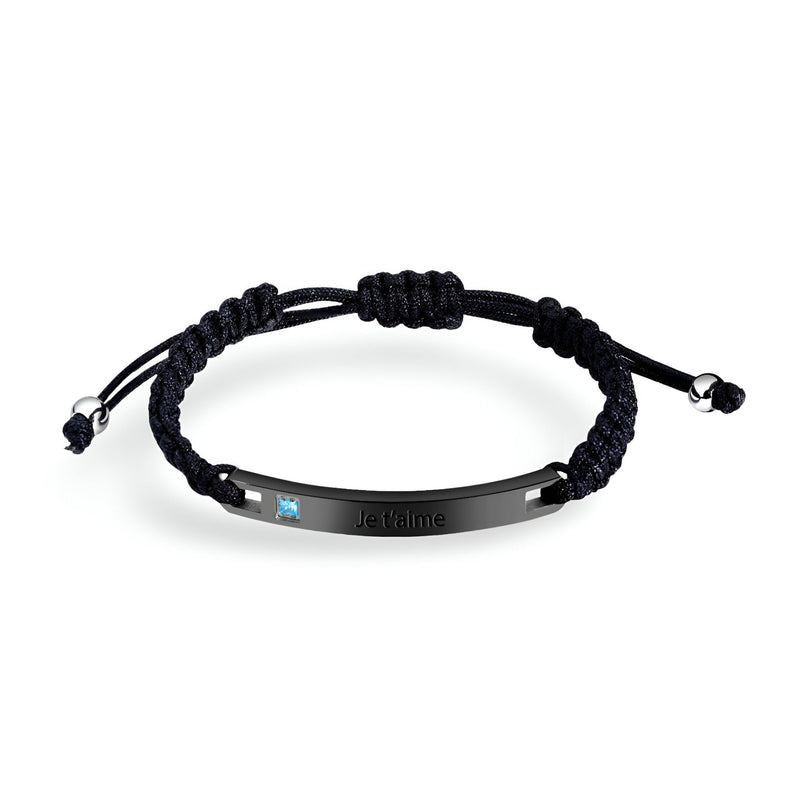 Bracelet gourmette cordon noir avec plaque argentée et pierre de zirconium bleue, modèle mixte Emery.