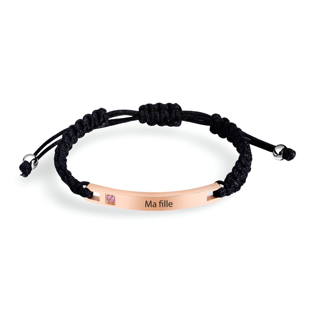 Bracelet cordon noir avec plaque argentée gravée "Ma fille" et pierre zirconium rose.