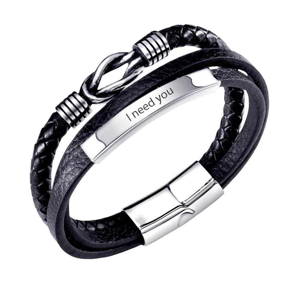 Bracelet multi-rangs en cuir noir avec motif tressé, fermoir en acier inoxydable gravé "I need you".