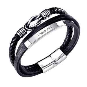 Bracelet multi-rangs en cuir noir avec motif tressé, fermoir en acier inoxydable gravé "I need you".