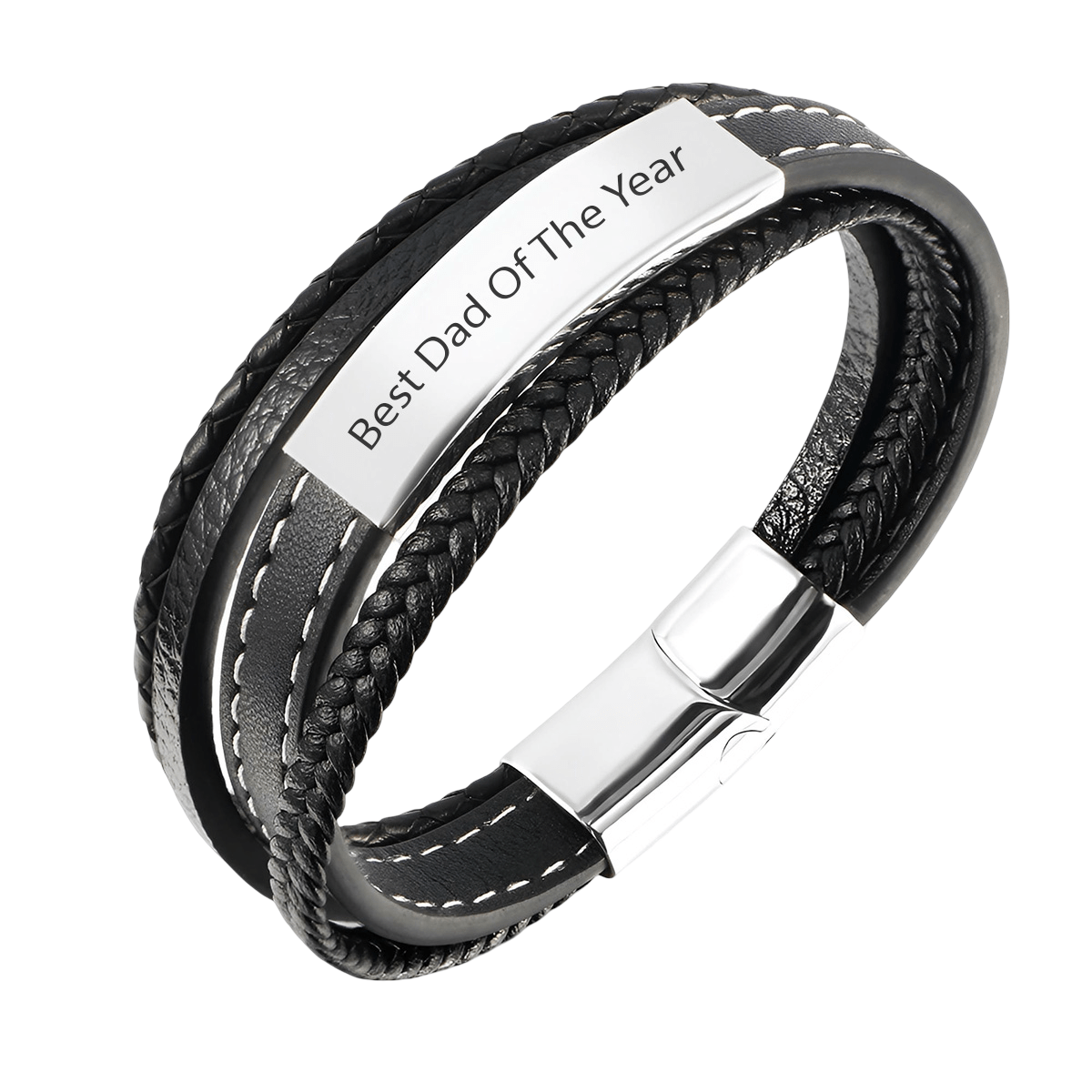 Bracelet multi-rangs en cuir noir avec gravure "Best Dad Of The Year" et fermoir métal argenté brillant.