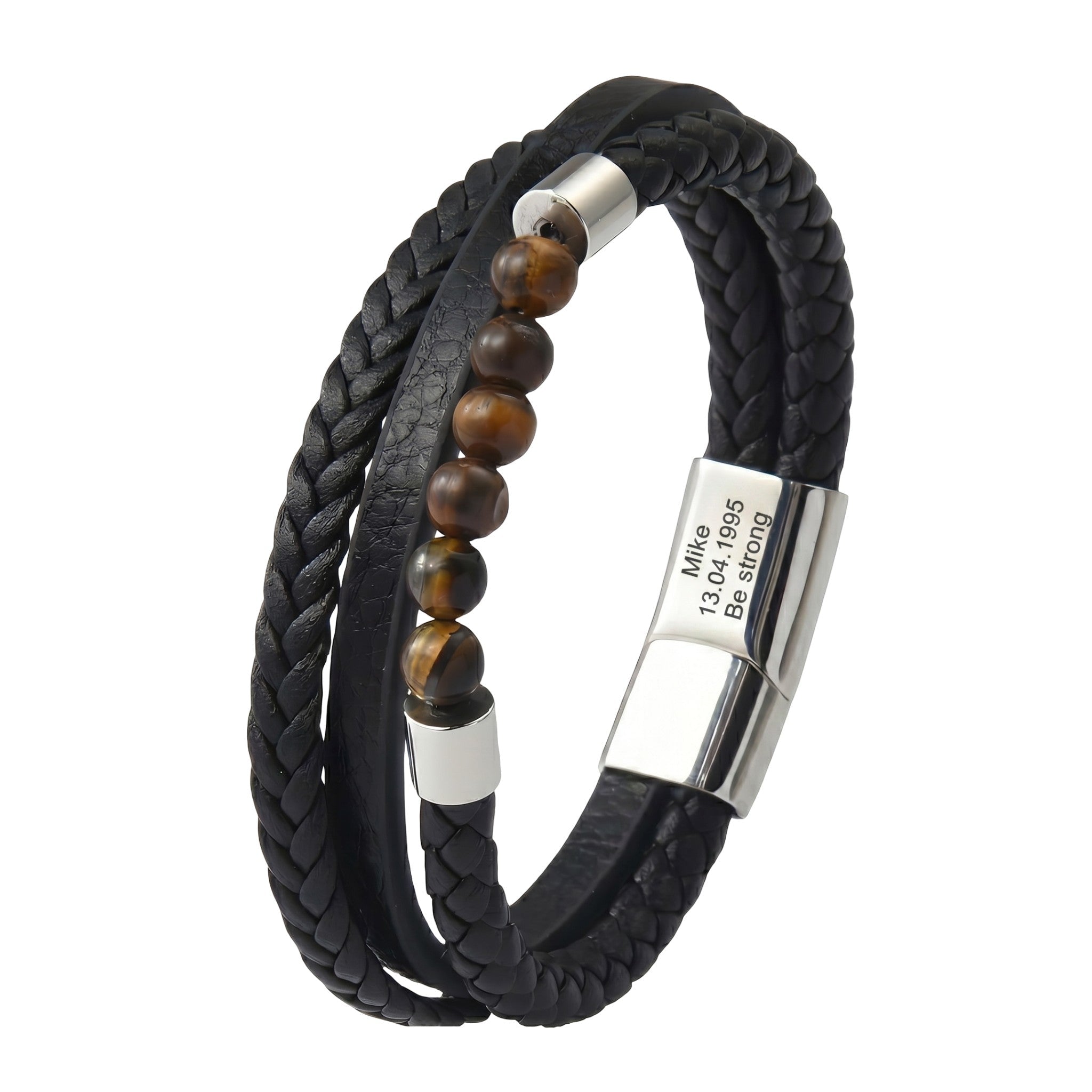 Men’s leather bracelet, natural tiger’s eye beads, stainless steel magnetic clasp, elegant masculine jewelry, free personalized engraving, Galion model