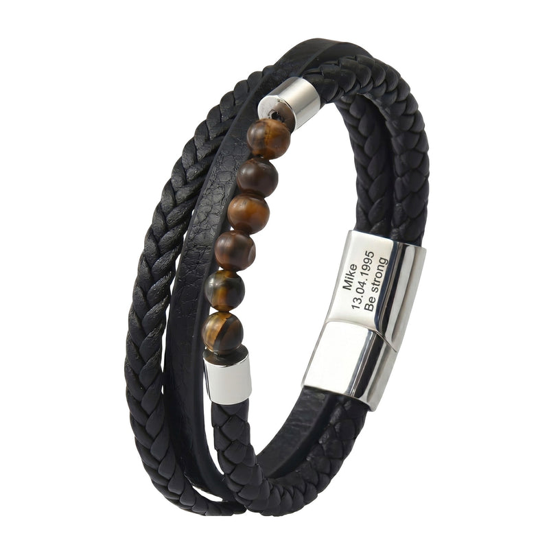 Men’s leather bracelet, natural tiger’s eye beads, stainless steel magnetic clasp, elegant masculine jewelry, free personalized engraving, Galion model