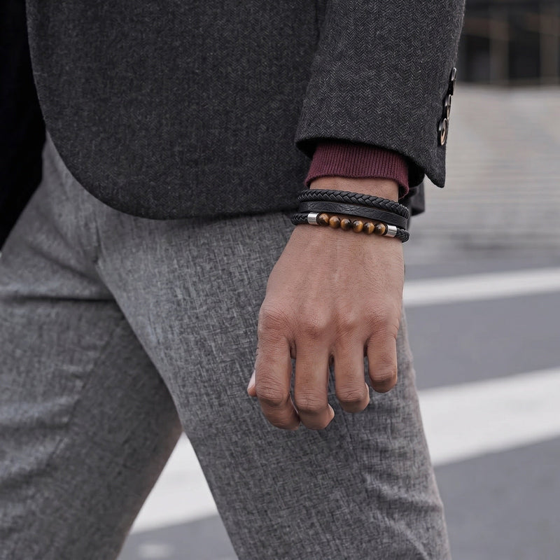 Men’s leather bracelet, natural tiger’s eye beads, stainless steel magnetic clasp, elegant masculine jewelry, free personalized engraving, Galion model