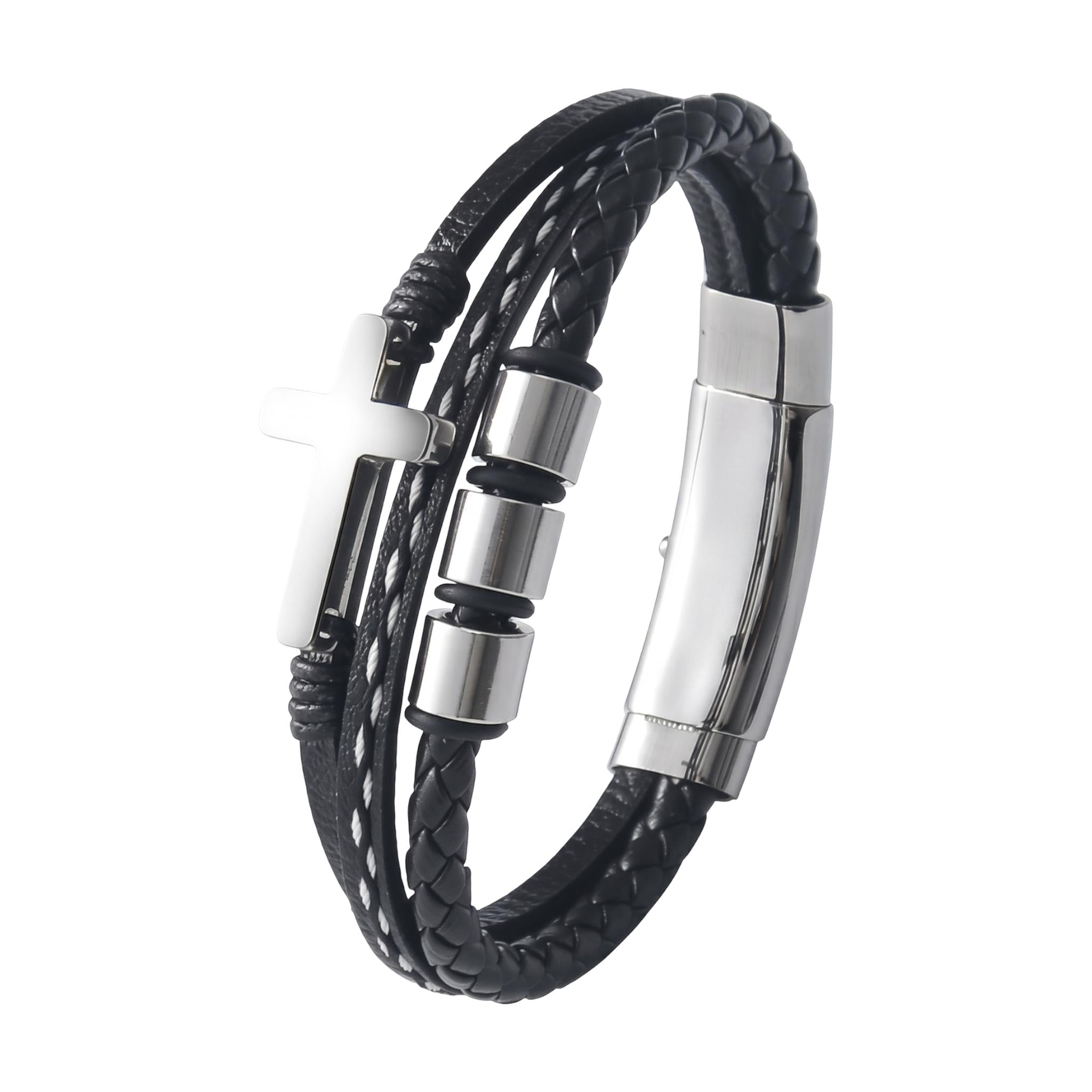 Men’s Braided Leather Bracelet, Black Stainless Steel, Christian Cross, Custom Engravable Clasp, Lovejoy model