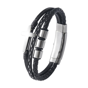 Men’s Braided Leather Bracelet, Black Stainless Steel, Christian Cross, Custom Engravable Clasp, Lovejoy model