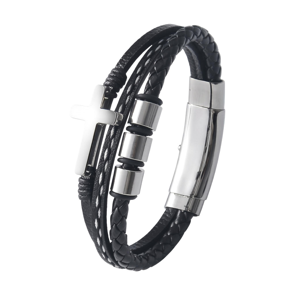 Men’s Braided Leather Bracelet, Black Stainless Steel, Christian Cross, Custom Engravable Clasp, Lovejoy model