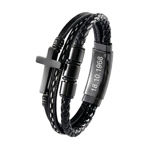 Men’s Braided Leather Bracelet, Black Stainless Steel, Christian Cross, Custom Engravable Clasp, Lovejoy model