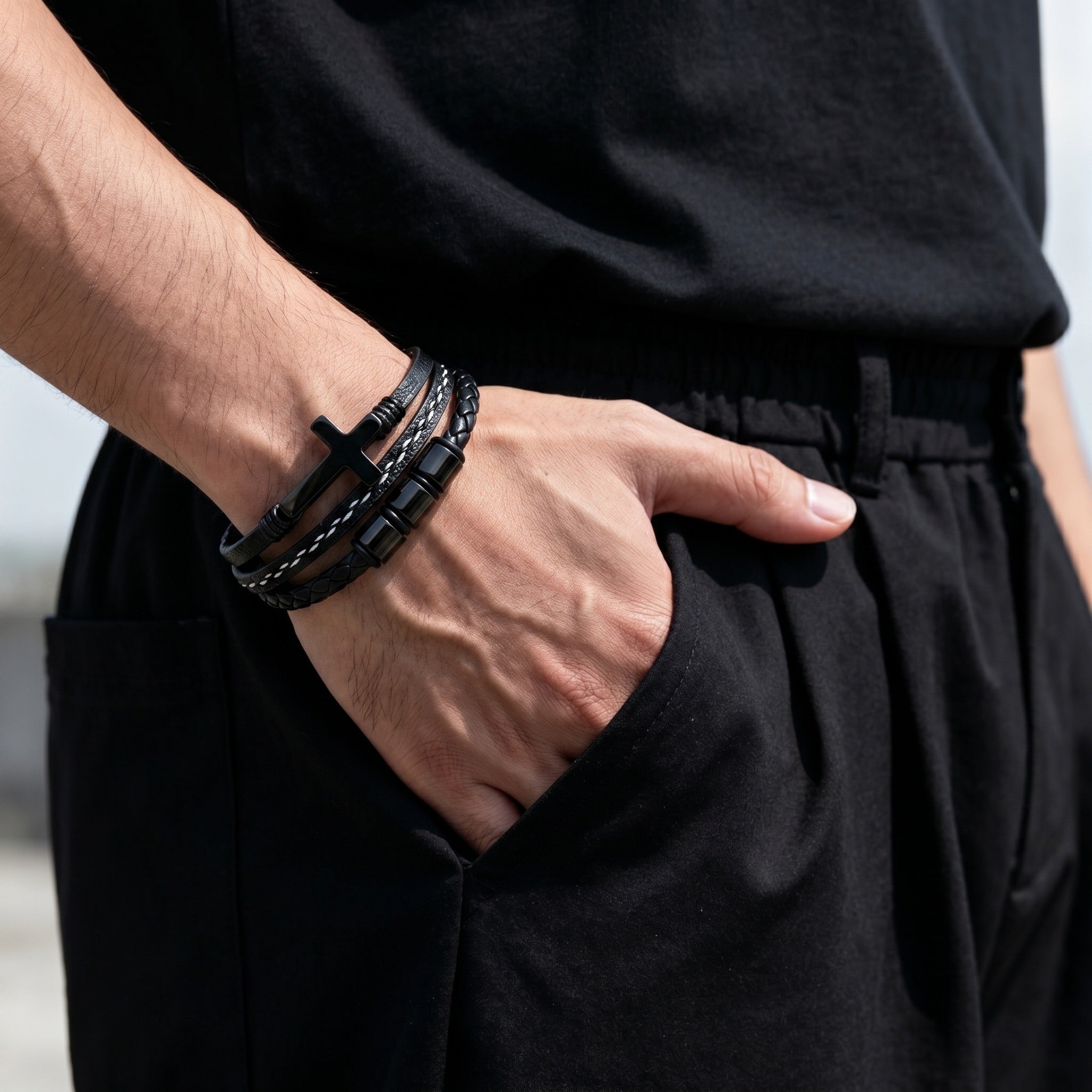 Men’s Braided Leather Bracelet, Black Stainless Steel, Christian Cross, Custom Engravable Clasp, Lovejoy model