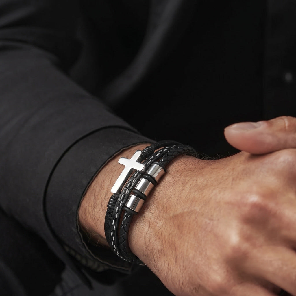 Men’s Braided Leather Bracelet, Black Stainless Steel, Christian Cross, Custom Engravable Clasp, Lovejoy model