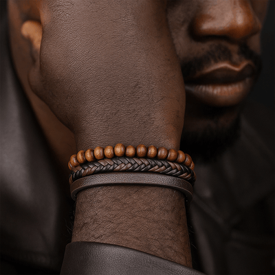 Bracelet homme avec cuir tressé noir, perles en bois clair, et cuir lisse marron, fermoir magnétique.