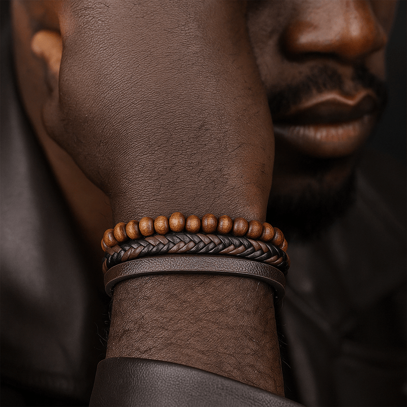 Bracelet homme cuir tressé et perles bois, style naturel urbain, fermoir magnétique, modèle Cassien