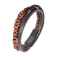 Bracelet homme cuir noir tressé, perles bois marron, fermoir magnétique noir mat, style urbain naturel.