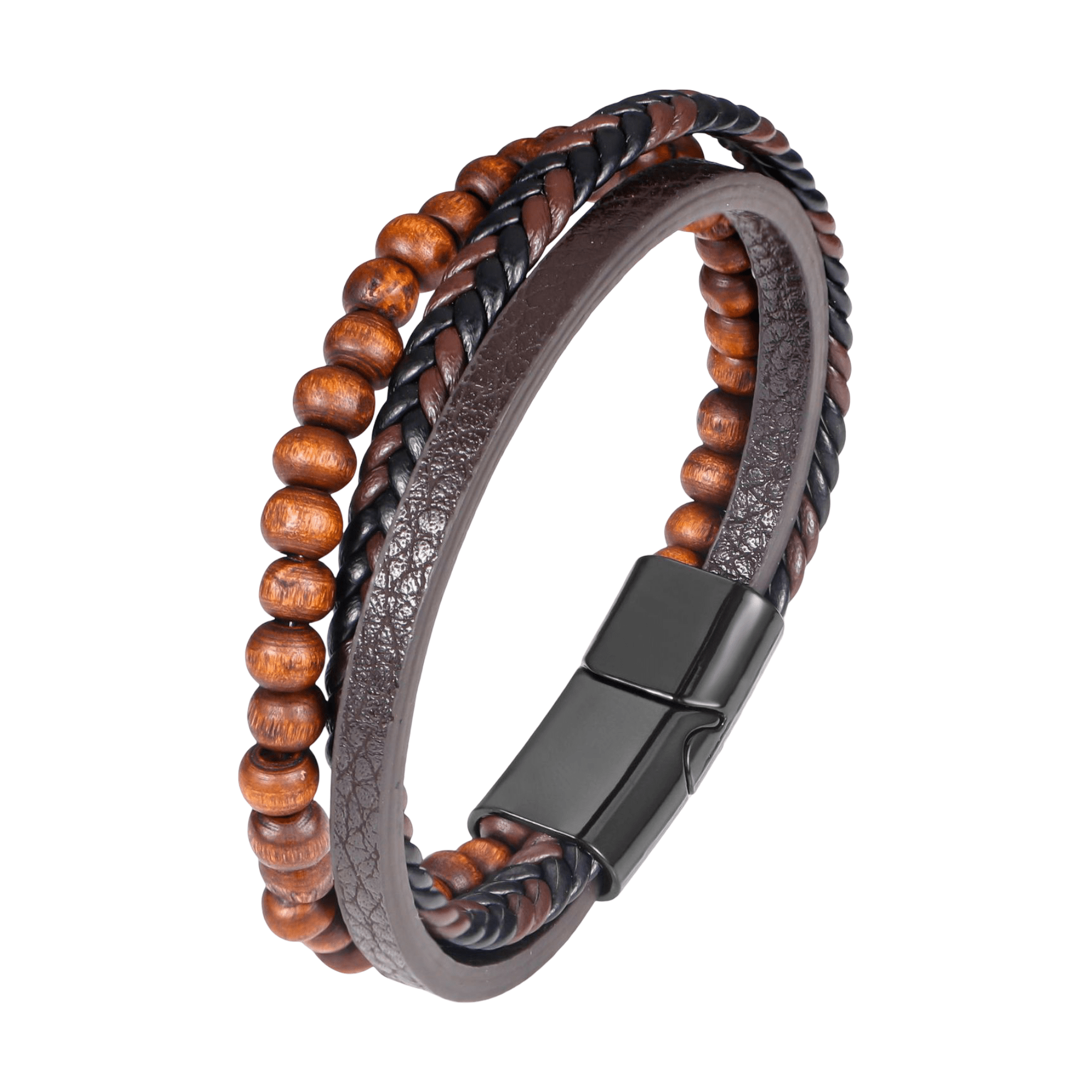Bracelet homme cuir noir tressé, perles bois marron, fermoir magnétique noir mat, style urbain naturel.