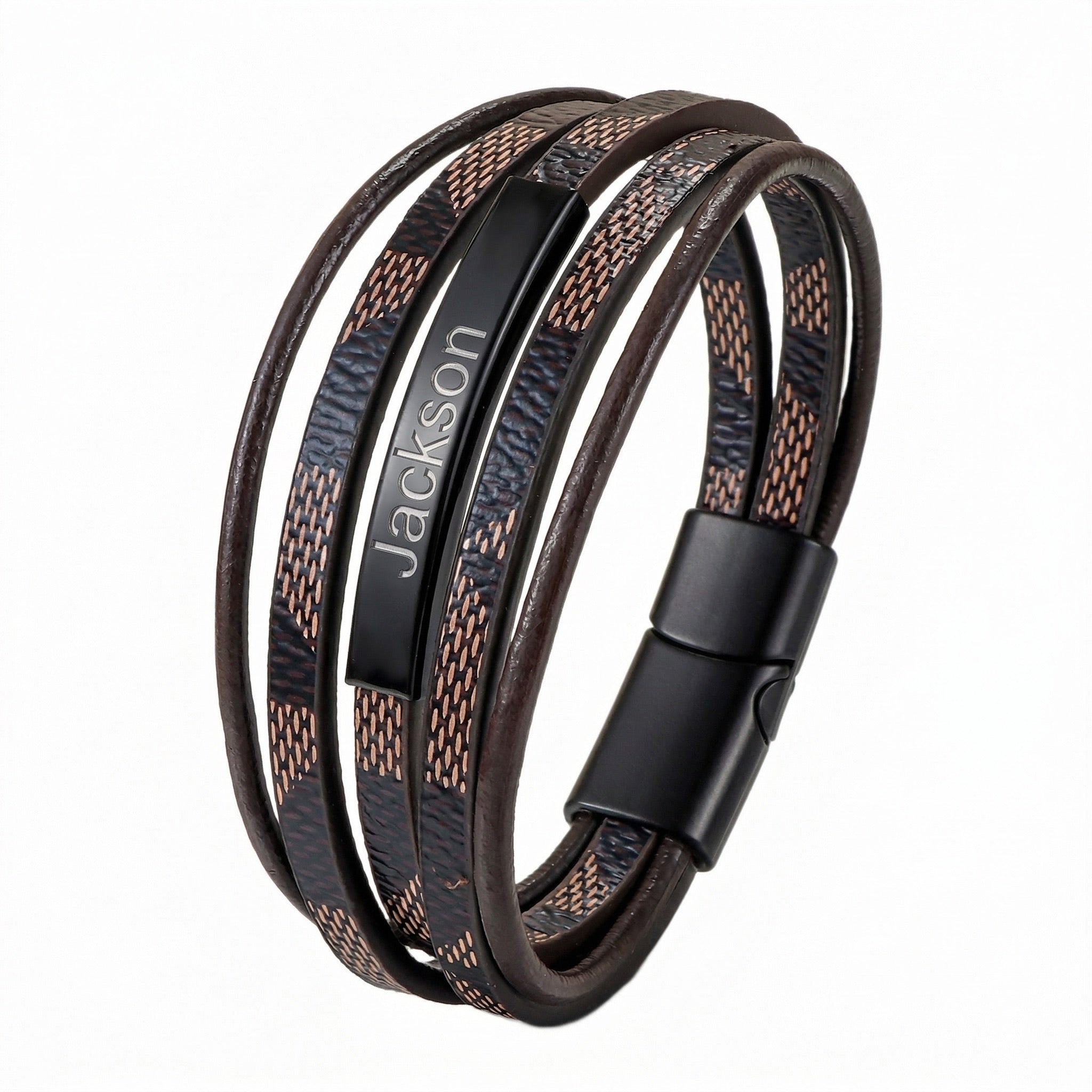 Bracelet homme cuir tressé, fermoir magnétique noir, bijou poignet masculin, accessoire mode homme, bracelet multi rangs personnalisé, modèle Xym