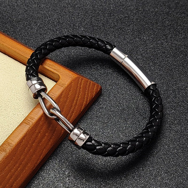 Bracelet homme cuir tressé noir et acier inoxydable, double anneau, style minimaliste moderne, modèle Artel