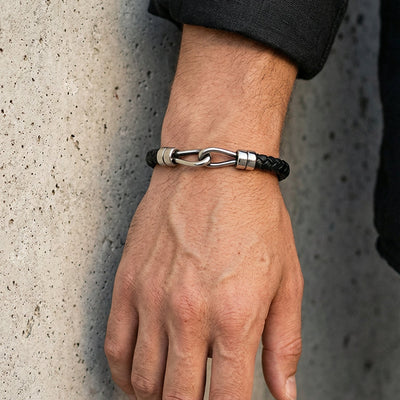 Braided cord bracelet, double stainless steel ring, magnetic clasp, for men, Artel model
