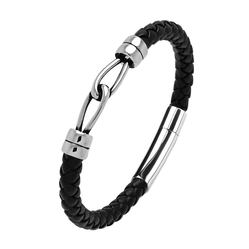 Bracelet homme cuir tressé noir et acier inoxydable, double anneau, style minimaliste moderne, modèle Artel