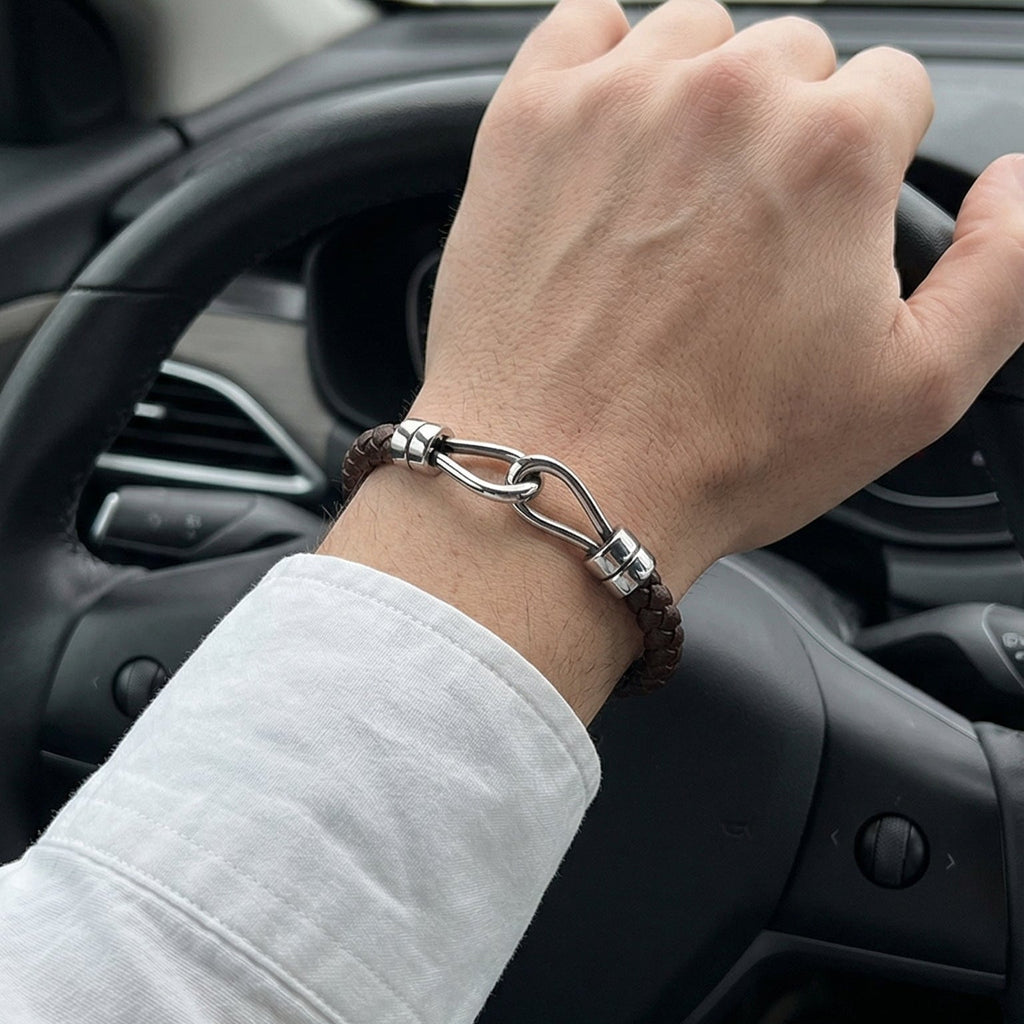 Bracelet homme cuir tressé noir et acier inoxydable, double anneau, style minimaliste moderne, modèle Artel