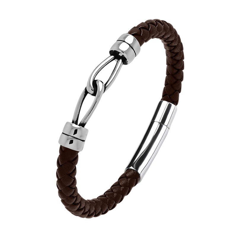 Bracelet homme cuir tressé noir et acier inoxydable, double anneau, style minimaliste moderne, modèle Artel