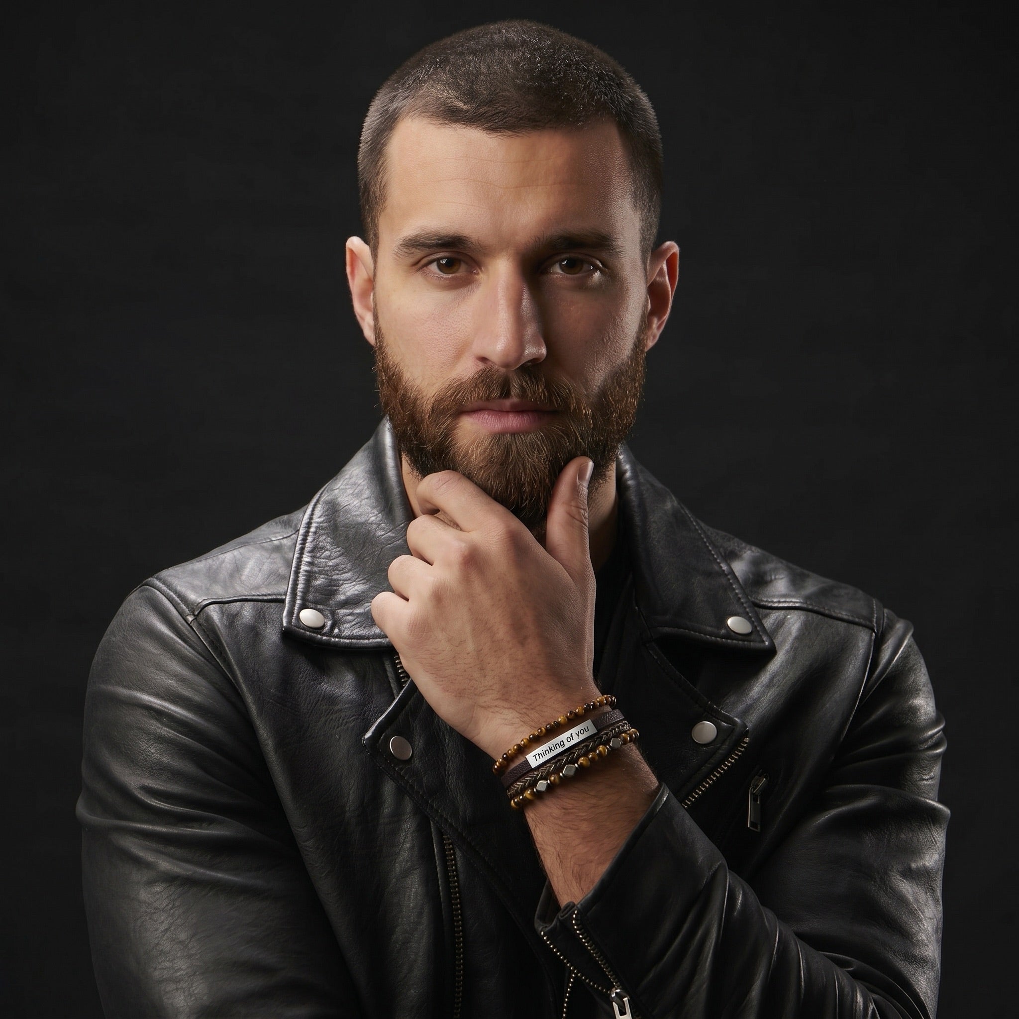 Men's braided leather bracelet, natural tiger's eye beads, engravable stainless steel, adjustable magnetic clasp, personalized wrist jewelry, Dossère model